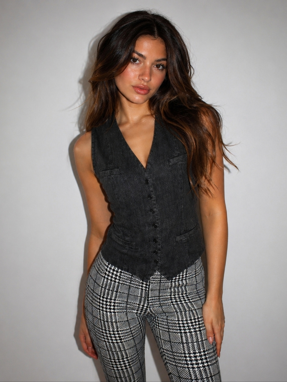 Vintage Y2K Ralph Lauren Jeans Black Denim Vest Leather Trim Tailored Size M